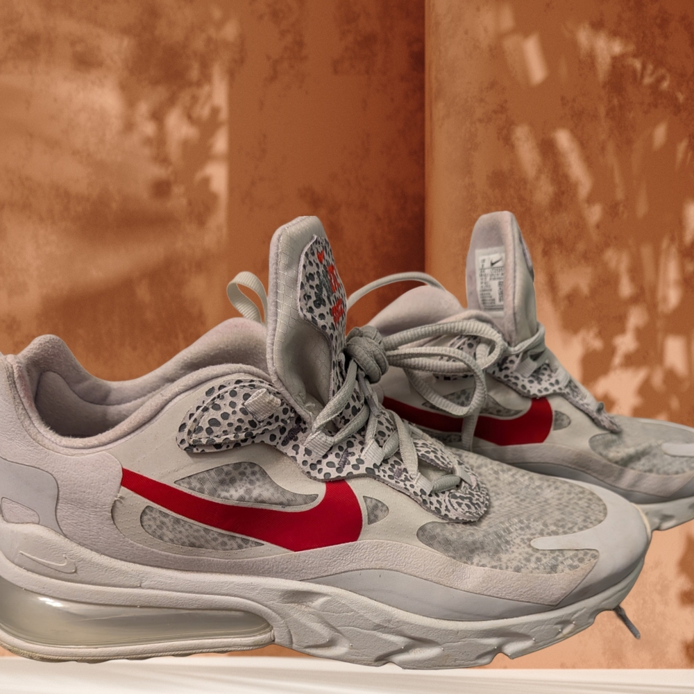 Nike Air Max White and Grey Athletic Shoes with Red Swoosh